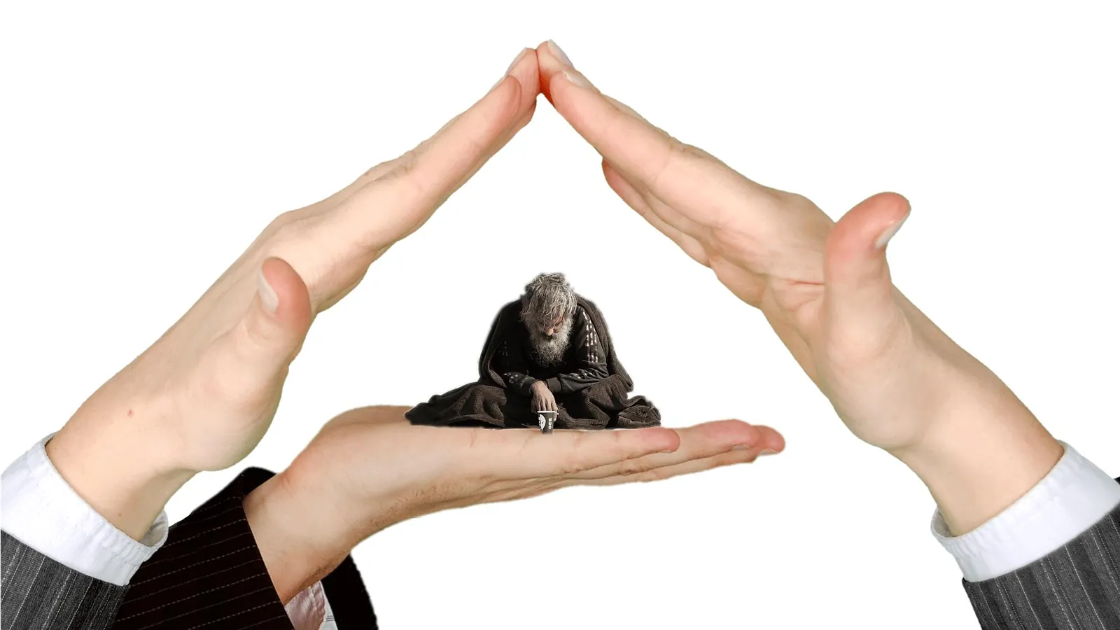 Two hands forming a protective roof over a small figure